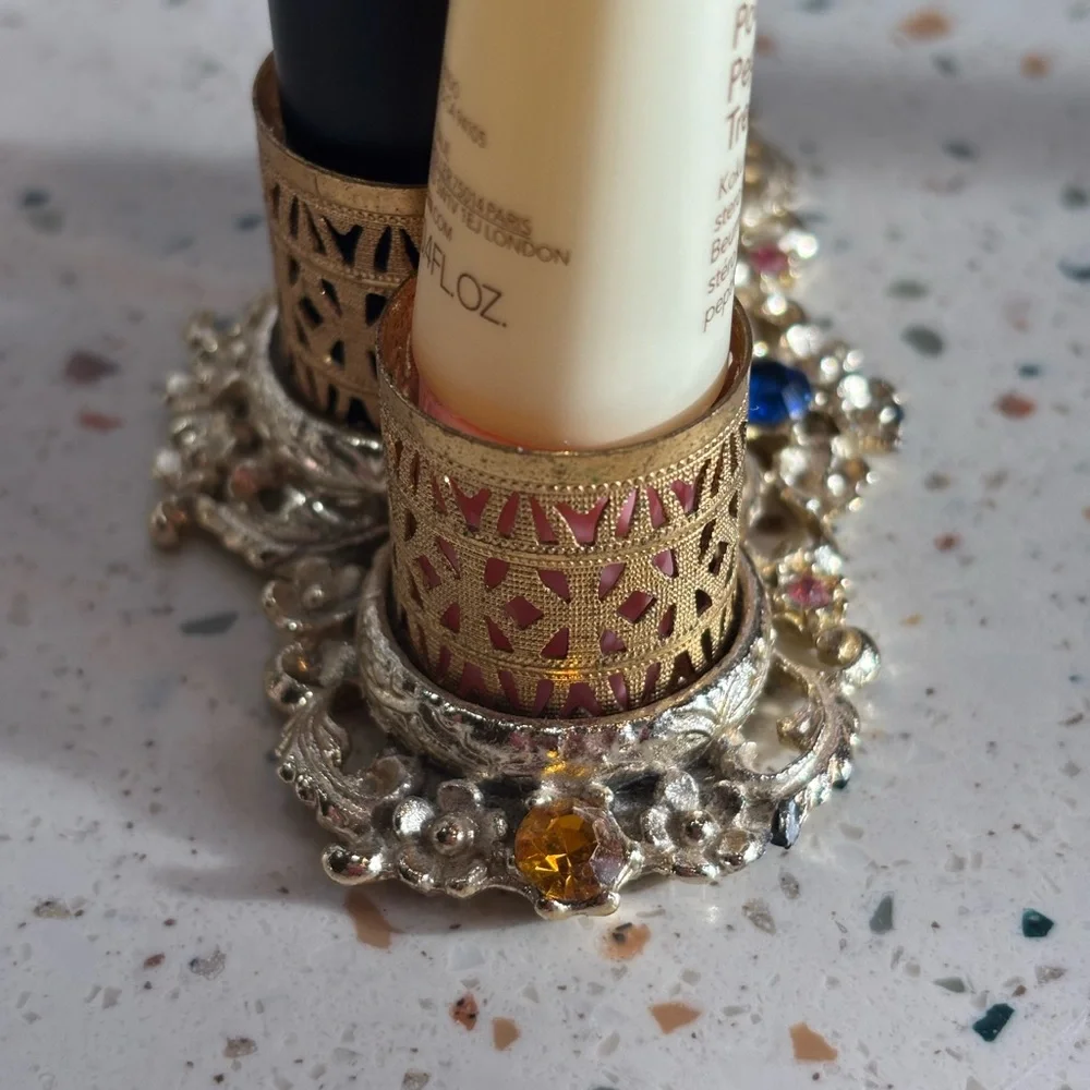 VTG Gold Lipstick Holder‎ Vanity Organizer w/ Rhinestones Filigree Triple Holder